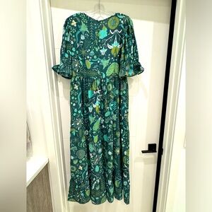 Teal Green Floral Maxi Dress with Ruffle Sleeves